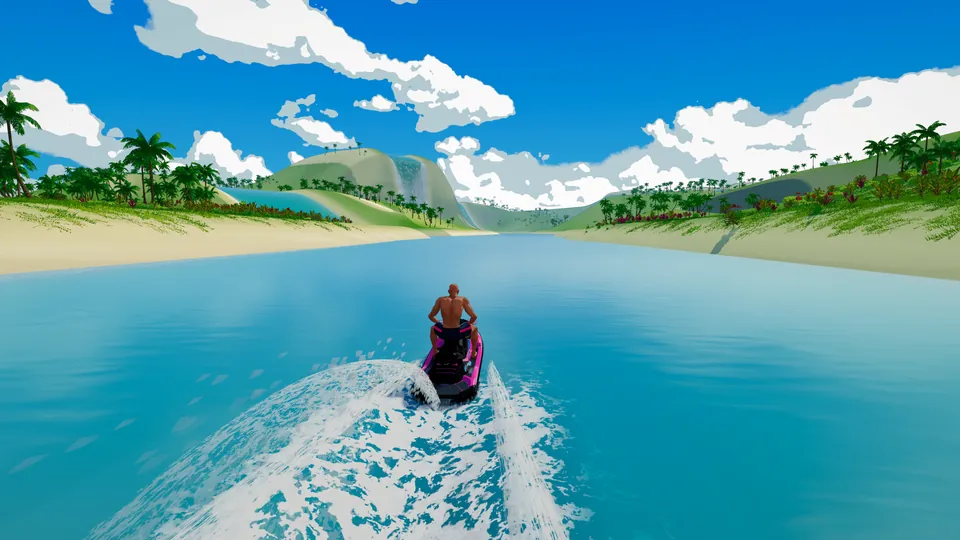 A rider speeding toward a distant waterfall along a sunlit tropical river