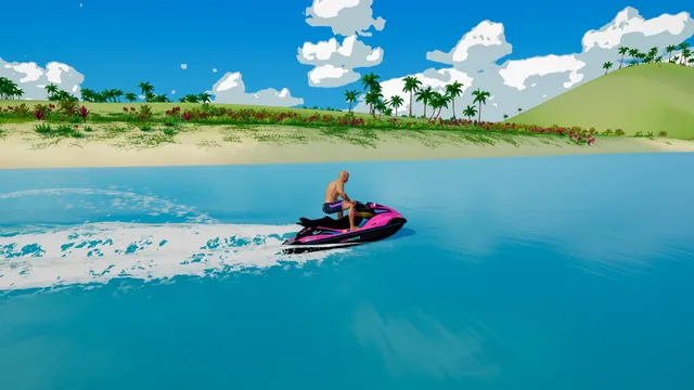 A rider on a pink and black watercraft in bright turquoise water