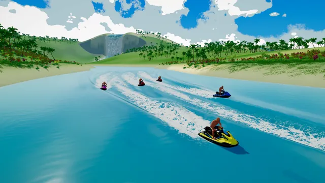 Watercraft riders racing along a tropical river in Splashback